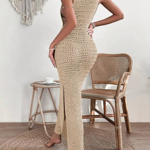 Apricot Women's Hollow Out Split Thigh Cover Up Dress Without Bikini - Picture 2 of 6